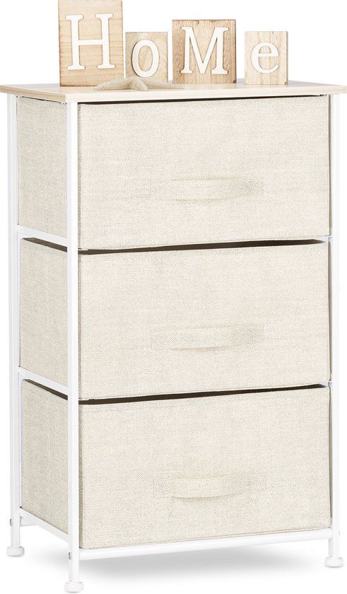 Merkloos Relaxdays ladekast, met 3 stoffen lades, metaal en hout, ladeblok, commode, ladesysteem, HxBxD: 73 x 45 x 30 cm, beige