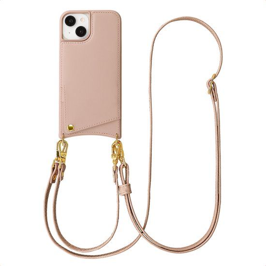 Selencia Hoesje - Geschikt voor Apple iPhone 15 - Backcover met koord en pashouder - Dusty Rose