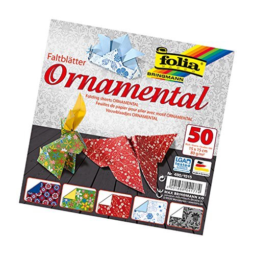 Folia 490/1515 - vouwblaadjes ornamental, 15 x 15 cm, 80 g/m², 50 vellen gesorteerd in 5 motieven - ideaal voor prachtige vouwfiguren en -vormen