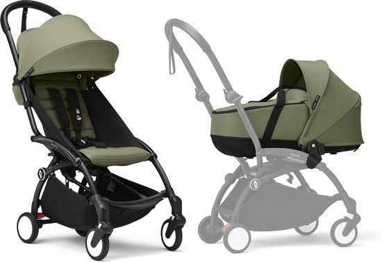 Stokke YOYO3 Kinderwagen met Newborn Shell - Zwart frame, Olive 6+ kleurenpakket en Newborn Shell (Olive)