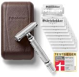 Störtebekker® Premium Safety Razor 'Hamburg' (Zilver) - incl. leren etui (Café) en 10 scheermesjes