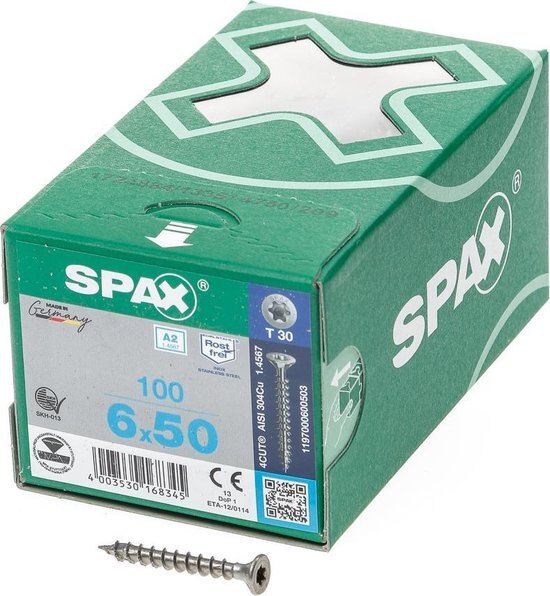 Spax R.v.s. schroef, 6 x 50 mm, 100 stuks, volledig schroefdraad, platkop, T-STAR plus T30, 4CUT, roestvast staal A2 - 1197000600503