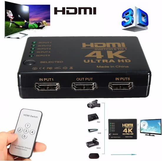 Giftwebshop HDMI 4K Switch Splitter Inclusief Afstandsbediening 1080P 4K 5 Poorts HDMI Switch Splitter