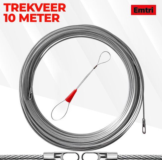 EMTRI professionele trekveer 10 meter staal extra sterk - gratis kabelbevestiger - kabeltrekker - netwerkkabel - elektra - kabels