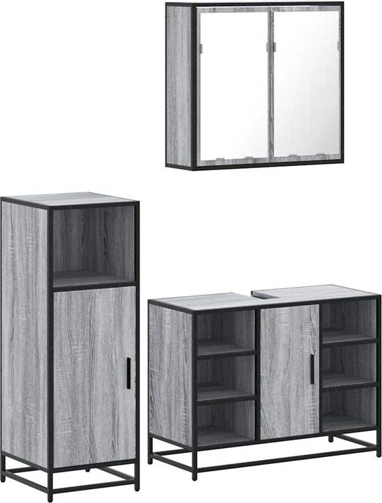 vidaXL 3-delige Badkamermeubelset bewerkt hout grijs sonoma eikenkleur