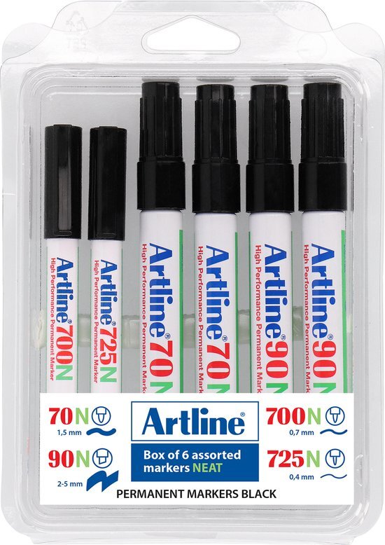 Artline Box van 6 permanent markers NEAT zwart. Assortiment met verschillende lijndiktes.