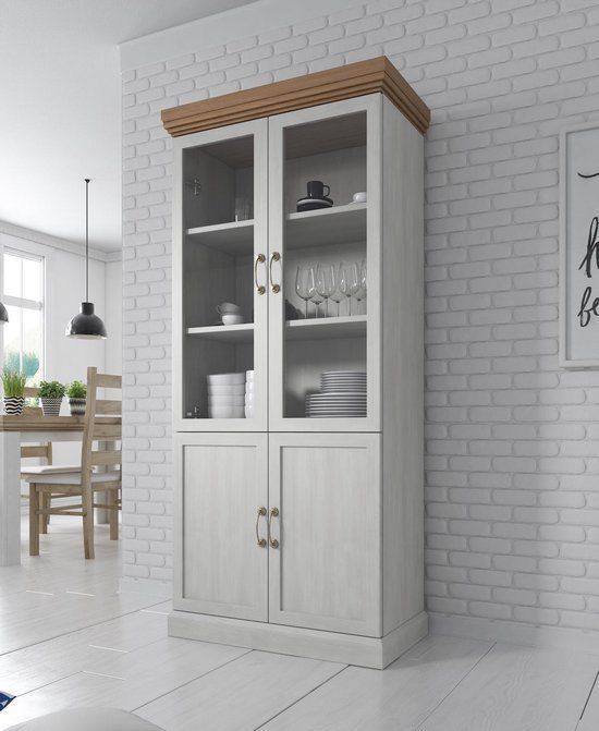 Meubella Vitrinekast River - Wit met Eiken - 87 cm