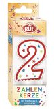 RUF Cijferkaars nummer 2, rode verjaardagskaars met kleurrijke sterretjes, hoogwaardige jubileumkaars met druppelbescherming, ideaal als taartdecoratie, 1 stuk