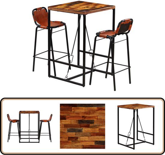vidaXL Barset - 3-delig - Massief Gerecycled Hout en Echt Geitenleer