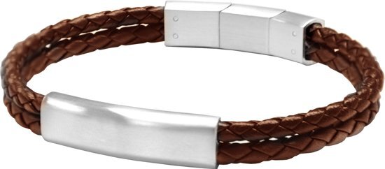 Frank 1967 Audacious Leather 7FB 0285 Leren Gevlochten Armband met Staal Elementen - Lengte 20 + 1 cm - Zilverkleurig / Bruin