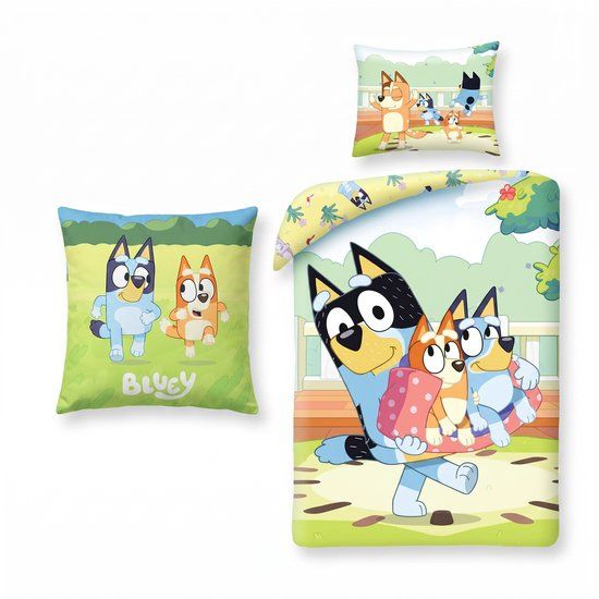 4kidsonly.eu Bluey dekbedovertrek + kussen, Eenpersoons, Polyester, Dier, Kinderen, Unisex