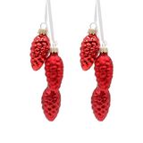 Lauschaer Elegante Kerstboomdecoratie - Glazen Kegels Set van 2 met 3 Dennenappels in Rood met Textiellint 6 cm