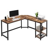 BAKAJI L-vormig hoekbureau met boekenkast met 2 planken, werktafel voor pc, frame van zwart metaal en tafelblad van hout in antieke look, kantoorinrichting, industriële stijl