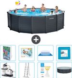 Intex Rond Graphite Gray Panel Zwembad - 478 x 124 cm - Inclusief Pomp - Ladder - Grondzeil - Afdekzeil - Loungebed - Vloertegels - 9-delig