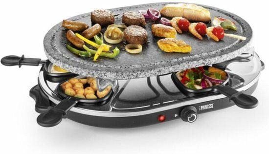 Princess 162720 Raclette Grill - 8 Person Oval Stone Grill with Adjustable Thermostat