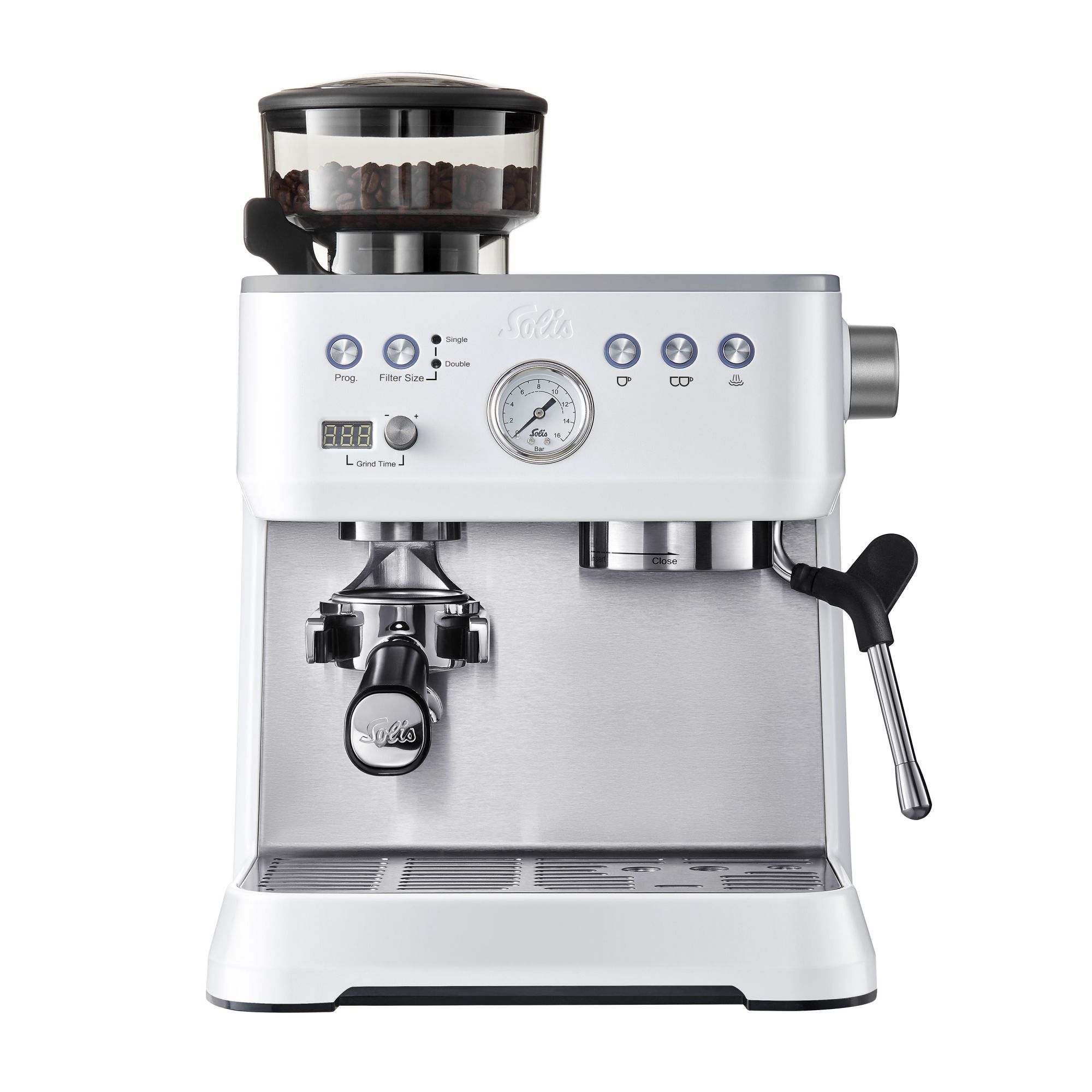 Solis Grind & Infuse Perfetta Pistonmachine - Espressomachine met Maler - RVS Koffiemachine met Ingebouwde Bonenmaler - Wit