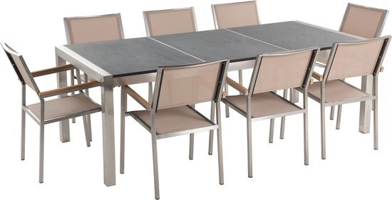 Beliani Tuinset grijs tafelblad 220 x 100 cm 8 stoelen beige GROSSETO