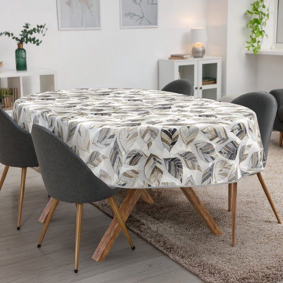 ANRO Tafelkleed Bladeren Grijs Ovaal 200x140cm
