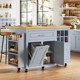OKWISH Keukeneiland Op Wielen – Opklapbaar Werkblad En Laden – Voor Keuken En Eetkamer – MDF Blauw – 143x45x91 Cm
