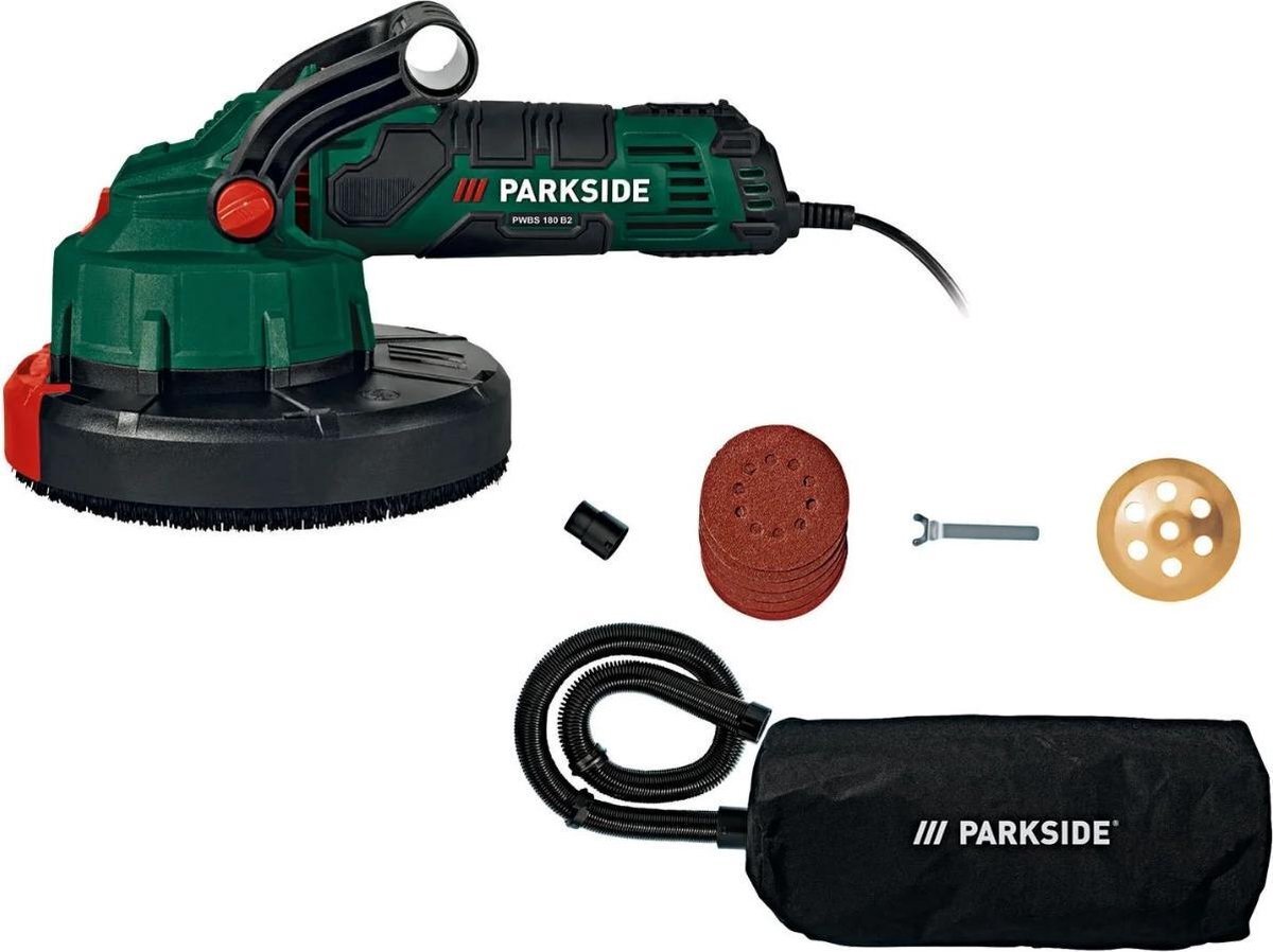 parkside PARKSIDE® Wand-/vloerbewerkingssysteem - Wandschuurmachine en vloerschuurmachine - 1050W - 180mm - 2 eenvoudig verwisselbare opzetstukken - Geïntegreerde afzuigfunctie met stofopvangzak (25 l) en uittrekbare afzuigslang (1-3,5 m)