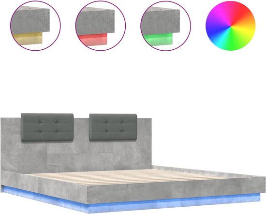 vidaXL Bedframe met hoofdbord en LED-verlichting, betongrijs, 200x200 cm