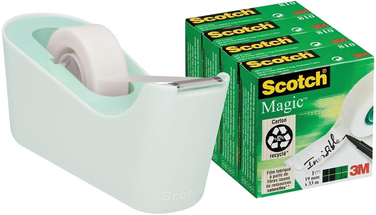 Scotch verzwaarde plakbandafroller inclusief 4 rollen magic tape muntgroen