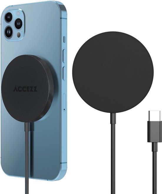 Accezz Draadloze Oplader - Geschikt voor MagSafe / Qi2 - Snellader 15W - USB C Oplader Kabel - Wireless Fast Charger - Zwart