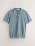 Next - Heren - N. Premium gebreide slim-fit polo met korte mouwen, kwartritssluiting en gestreepte boorden - Blauw