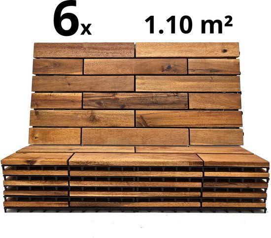 Ydemanne Terrastegels - Acaciahout - 6 Stuks - 1.10 m² - Bruin - 15 Latjes - Vlondertegels - Balkontegels - Makkelijke en Snelle Montage