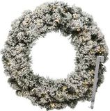 Merkloos Kerstkrans 60 cm - groen met led - besneeuwd - met zilveren hanger/ophanghaak
