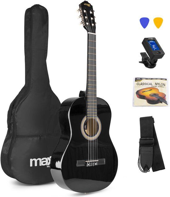 MAX SoloArt Klassieke Akoestische Gitaar met Nylon Snaren - Beginnersset met Accessoires - Zwart