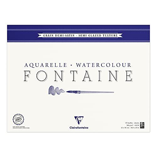 Clairefontaine 96409C kleurblok, 4-zijdig verlijmd aquarelpapier halfgesatineerd, Fontaine/hader, 42 x 56 cm, 25 vellen, 300 g verpakking, wit