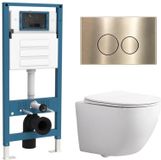 QeramiQ Dely Swirl Compact Toiletset - inbouwreservoir QeramiQ flush - slim zitting - metalen bedieningsplaat messing geborsteld (goud) - ronde knoppen - glans wit