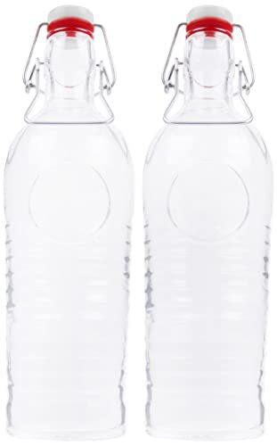 Bormioli 2-delige set glazen flessen Officina 1825 - geribbelde 1,2 liter fles met beugelsluiting en reliëfversiering, 4250857232383