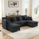 OKWISH Canapé d'angle modulable 278 X 161 X 81 cm - Avec 2 poufs déplaçables - Configuration en U ou en L pour salon - Chenille - Gris