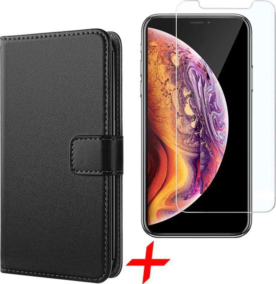 iCall Apple iPhone Xs / X Hoesje Wallet Book Case Zwart Lederen Luxe Hoesje + Screenprotector Tempered Glass