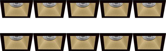 BES LED - 10x GU10 Inbouwspots - Vierkant Zwart/Goud - 82mm - Aluminium - Incl. Sensor - 10 Jaar Garantie