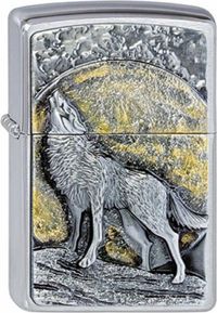 Zippo Briquet tempête - Wolf and Moon, chrome brossé, emblème - Rechargeable - Réutilisable - Conception coupe-vent - Coffret cadeau - Fabriqué aux États-Unis