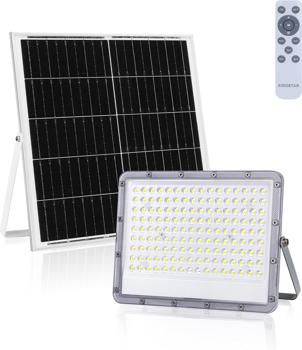 Aigostar Buitenlamp grijs met zonnepaneel | LED bouwlamp 200W~2000 Lumen schijnwerper + afstandsbediening | daglichtwit 6500K - 90° lichthoek | waterdicht IP65