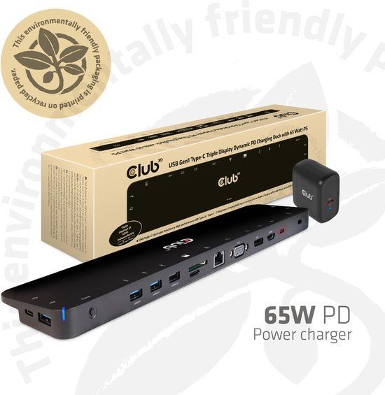 CLUB3D UNIVERSEEL USB Gen1 Type-C Triple Display Dockstation met 65 Watt voor het opladen van een lichte laptop * 1x VGA, 1x HDMI, 1x DP* ( DP ALT MODUS)