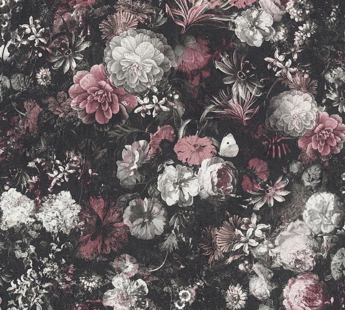 A.S. Création Livingwalls Mata Hari - Vintage design behang - Bloemenpracht met rozen - rood zwart wit