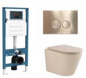 QeramiQ Dely Toiletset - Hangend toilet - Inbouwreservoir - Slimme zitting - Metaal messing geborstelde bedieningsplaat - Ronde knoppen - Beige