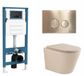 QeramiQ Dely Toiletset - Hangend toilet - Inbouwreservoir - Slimme zitting - Metaal messing geborstelde bedieningsplaat - Ronde knoppen - Beige