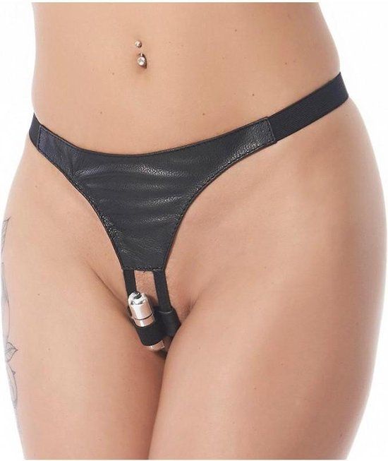 Rimba Bondage Play - Vibrerend Slipje - Vibrerende Lingerie Met Bullet Vibrator - G String - Leer - Zwart
