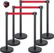 Barrières, set van 6 stuks. Barrièreset met een rode, intrekbare band van 2 meter. Zwarte barrière met rubberen voet – eenvoudig te monteren voor mensencontrole