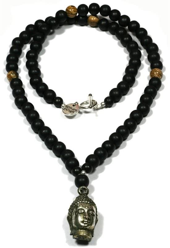 Heaven Eleven - heren ketting - Hout donker Bruin kralenketting 8mm - buddha zilverkleurig/copper legering - 50cm