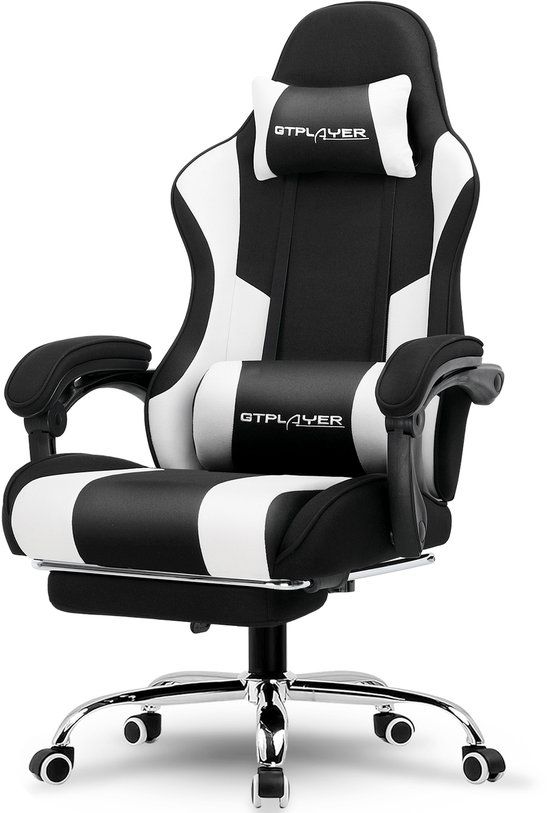 GTPLAYER Gamingstoel 135° verstelbaar, ergonomisch, met uitschuifbare voetsteun - Wit stof
