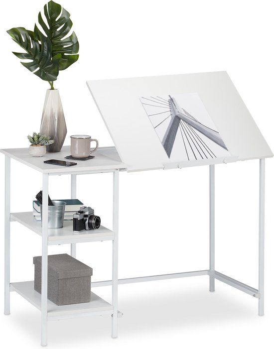 Relaxdays Kantelbaar Bureau - Tekentafel - Laptoptafel - Wit
