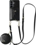 AVY Leren Hoesje geschikt voor Samsung Galaxy S26 Plus | Met Koord, Wallet en Pouch | Compatibel met MagSafe | Leather Case met 130CM Koord | Long Leather | Croco Zwart