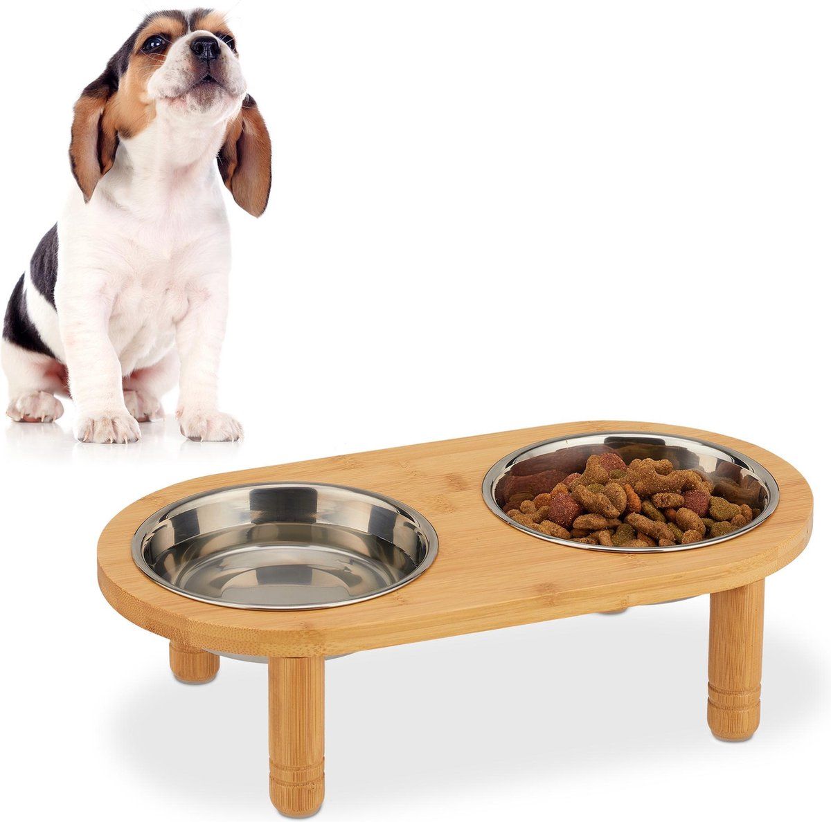 Relaxdays Voerbak Hond met Standaard - Bamboe & RVS - Zilver/Lichtbruin